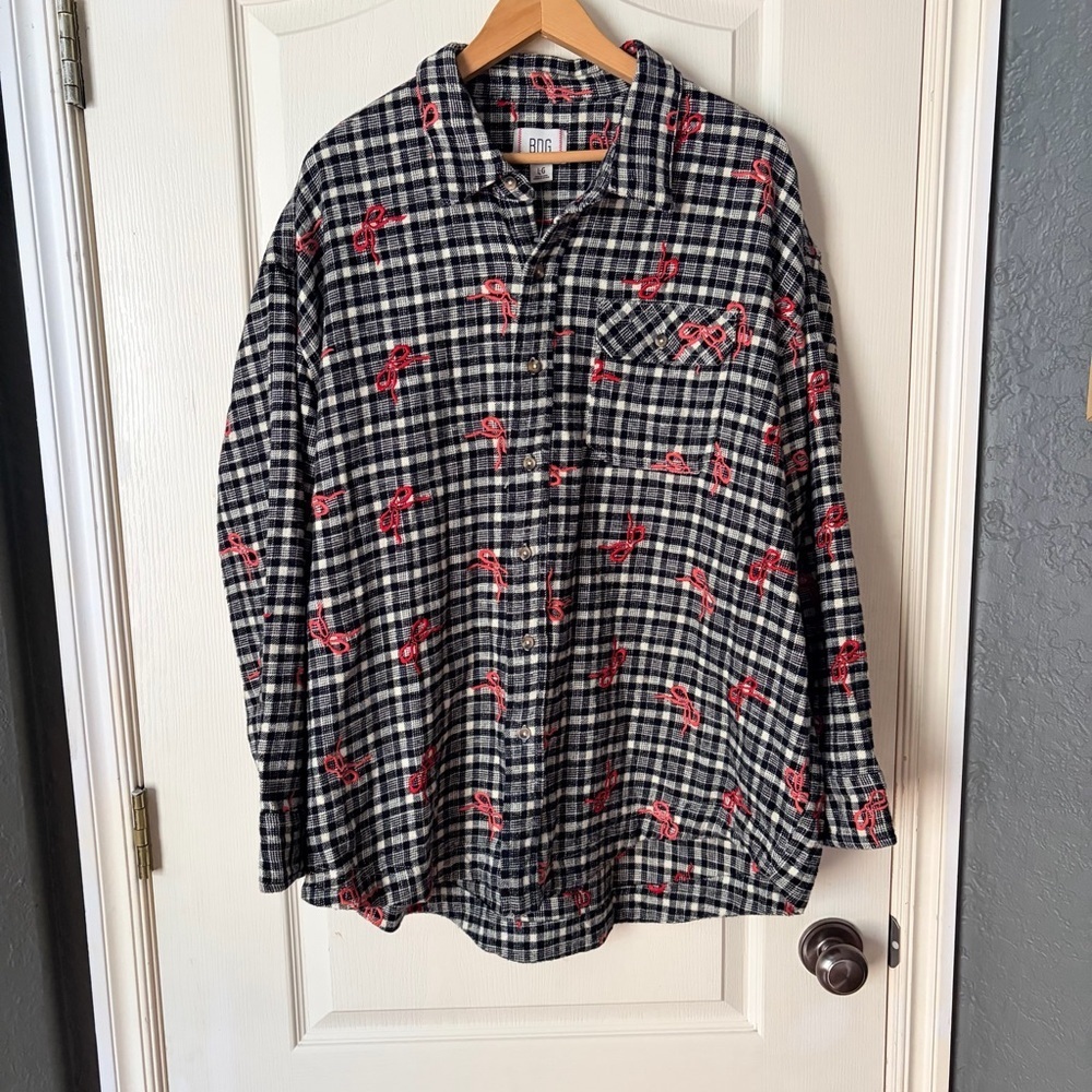 NWOT BDG Urban Outfitters Dani Embroidered Flannel Shirt Tunic Top Oversized, L - Picture 5 of 15